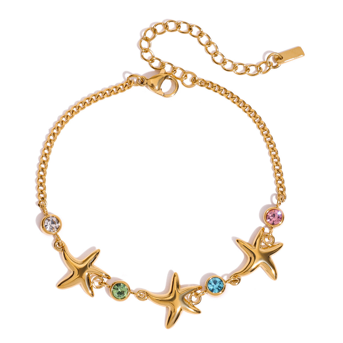 Stainless Steel Zircon Starfish Curb Chain Bracelet