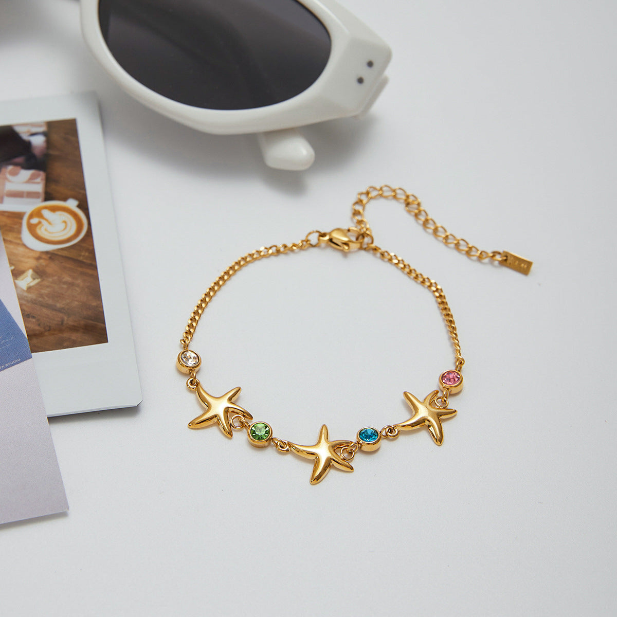 Stainless Steel Zircon Starfish Curb Chain Bracelet