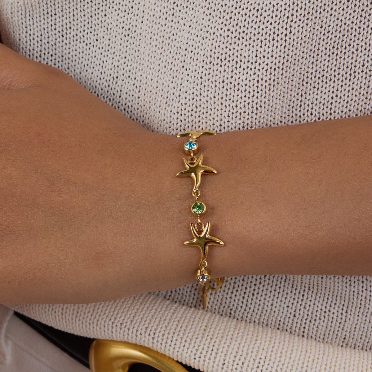Stainless Steel Zircon Starfish Curb Chain Bracelet