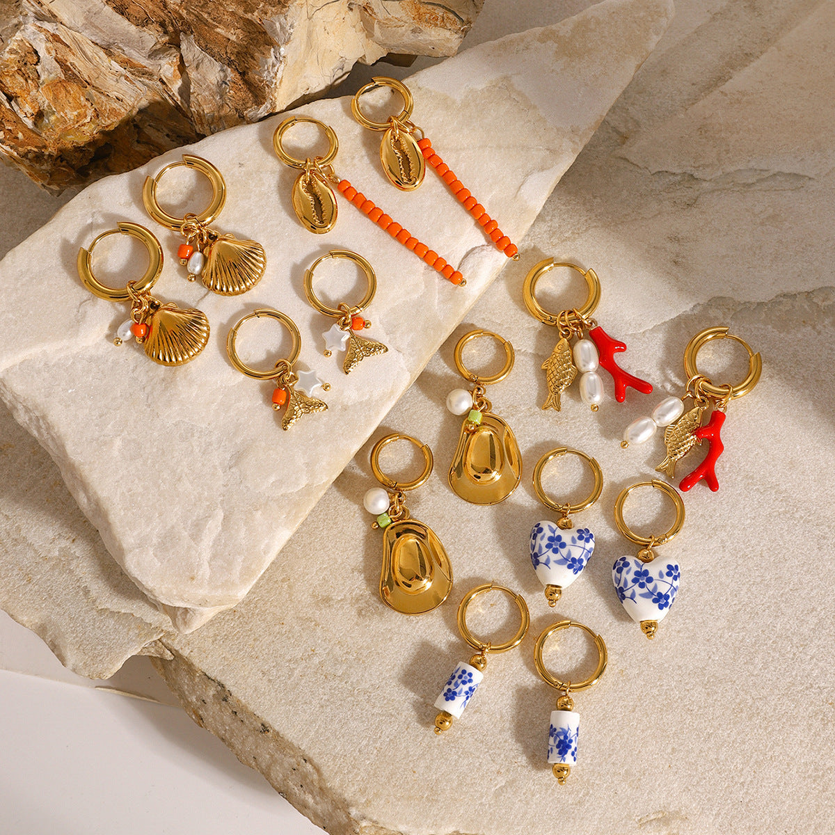 Stainless Steel Ocean Style Ceramic Pearl Huggie Earrings