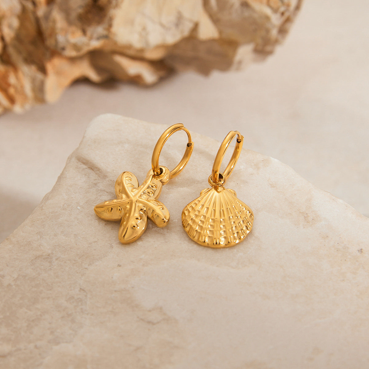 Stainless Steel 18K Gold PVD Starfish Shell Huggie Earrings