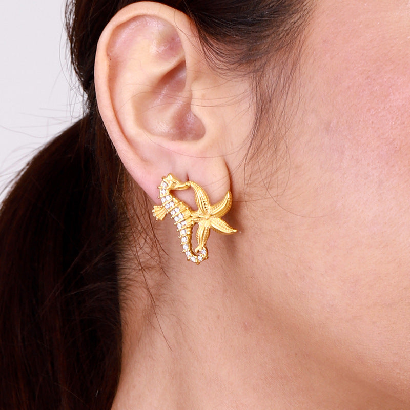 Stainless Steel Starfish Zircon Seahorse Stud Earrings