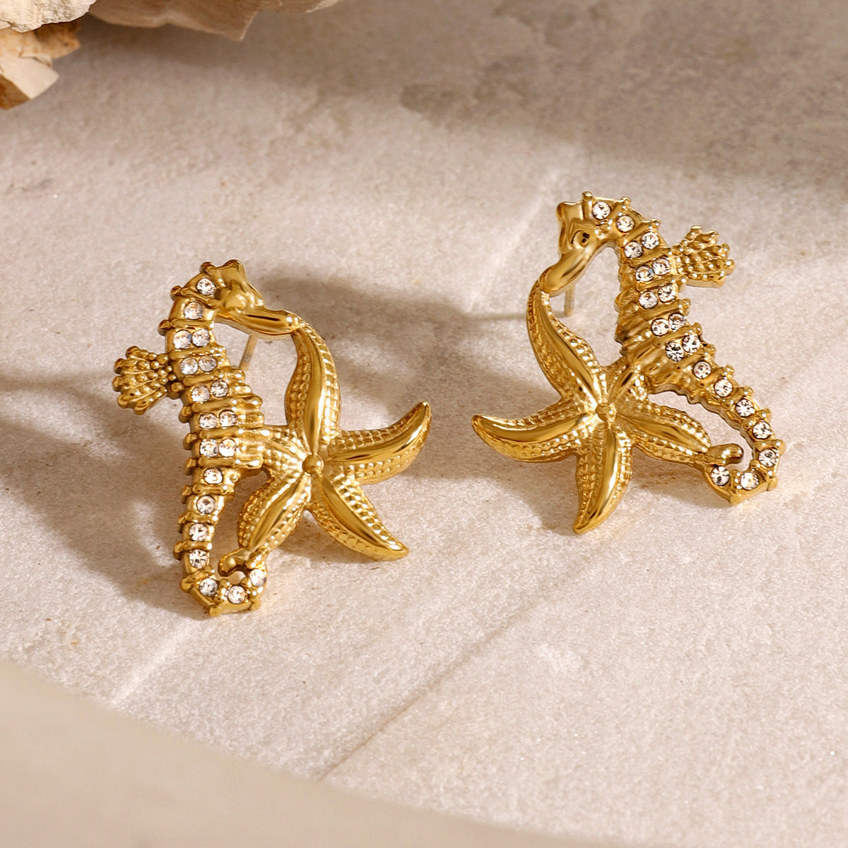 Stainless Steel Starfish Zircon Seahorse Stud Earrings