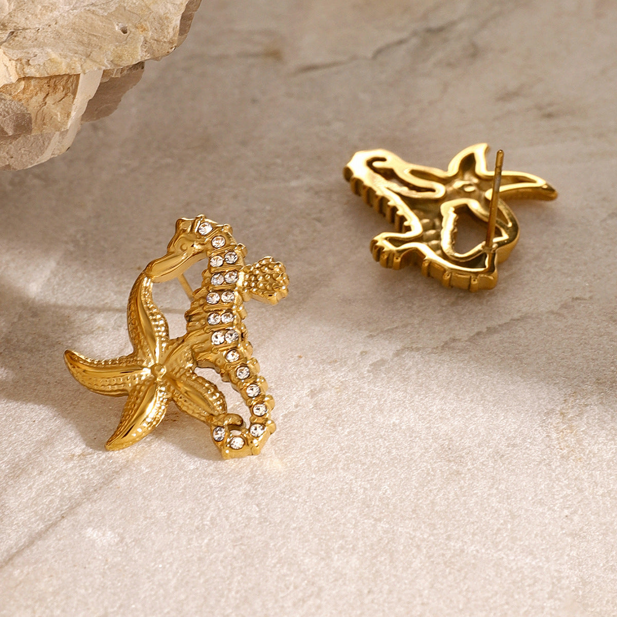 Stainless Steel Starfish Zircon Seahorse Stud Earrings