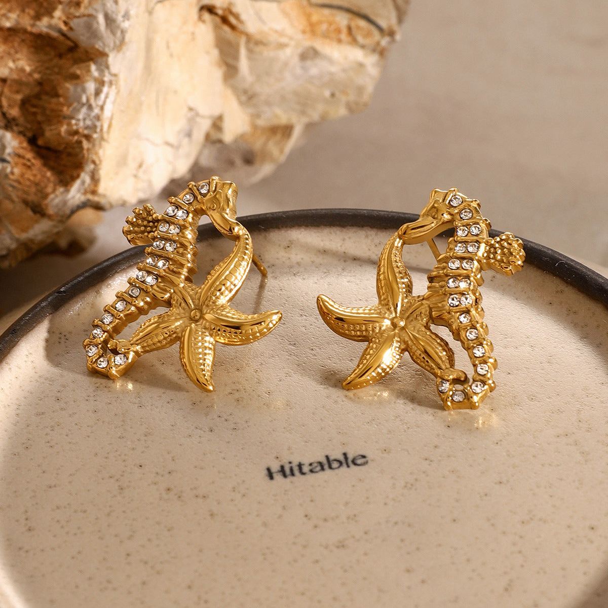 Stainless Steel Starfish Zircon Seahorse Stud Earrings