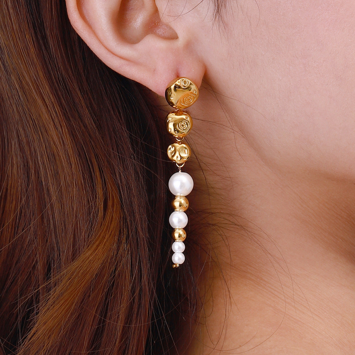 Stainless Steel Pearl Tassel Pendant Stud Earrings