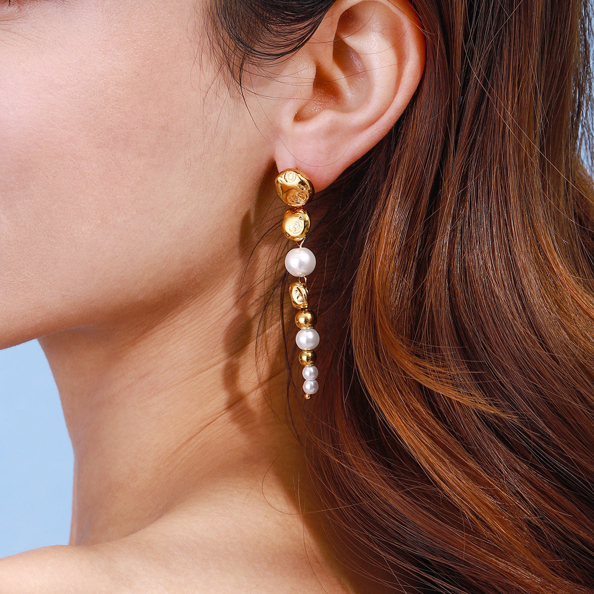 Stainless Steel Pearl Tassel Pendant Stud Earrings