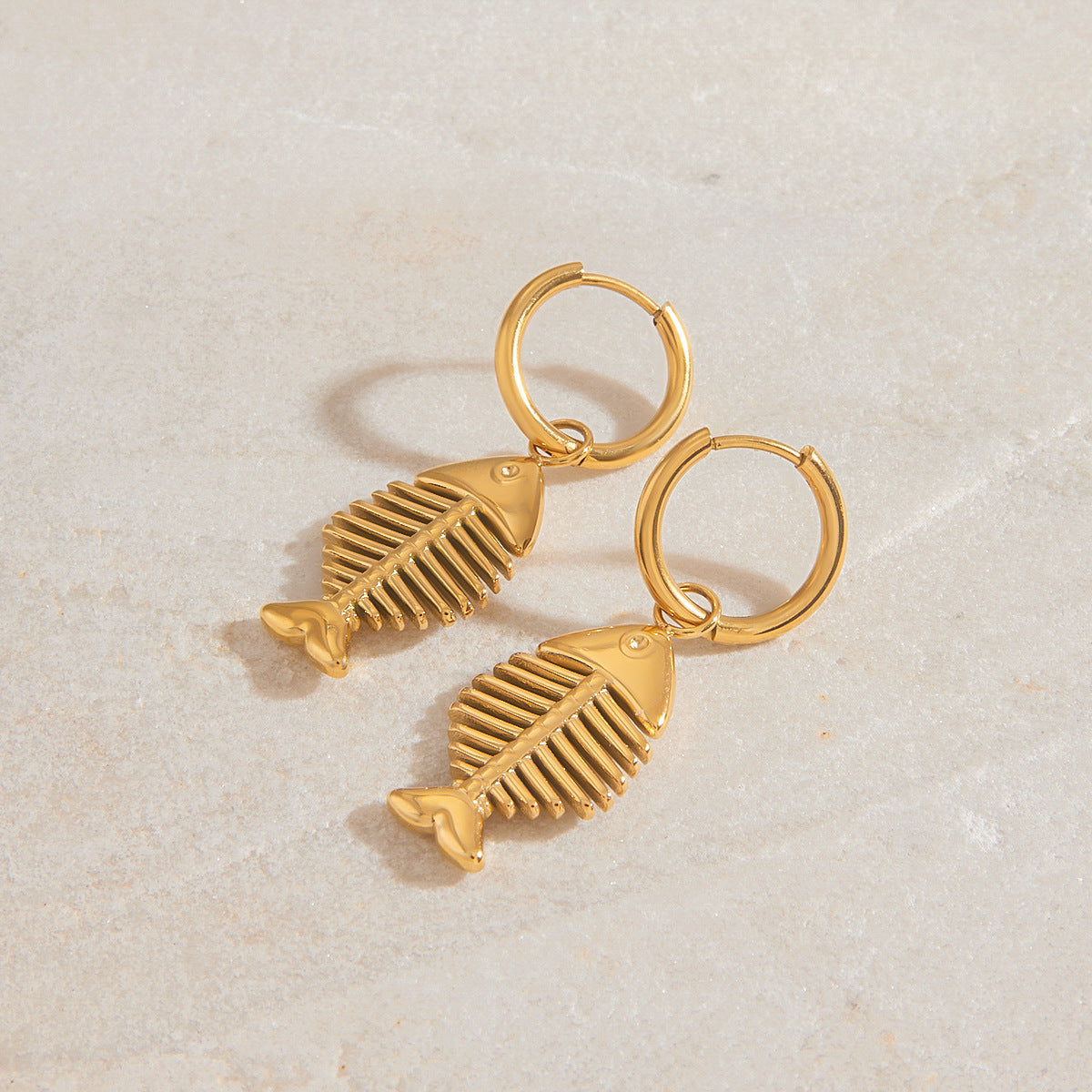 Stainless Steel Fishbone Pendant Huggie Earrings