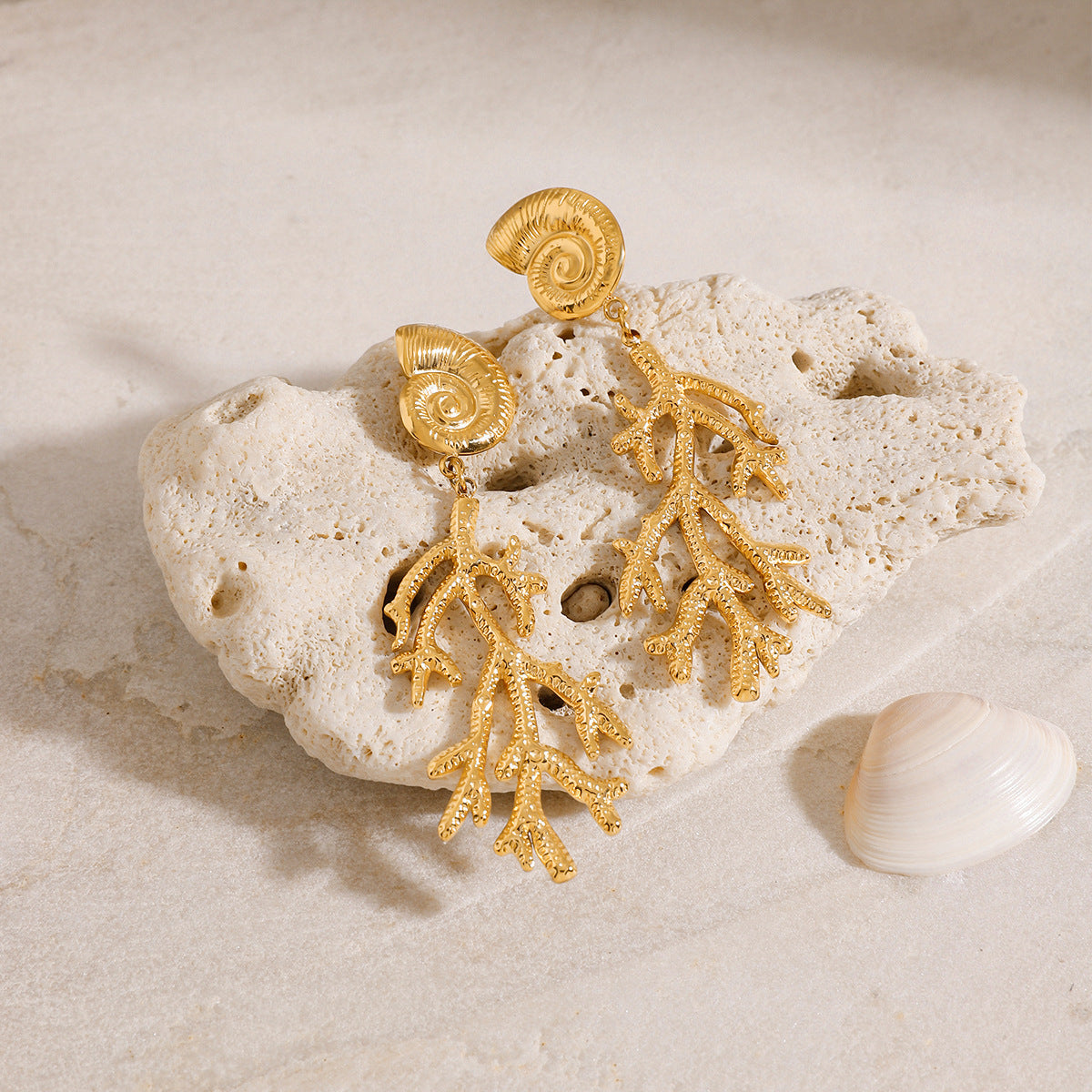 Stainless Steel Conch Coral Pendant Stud Earrings