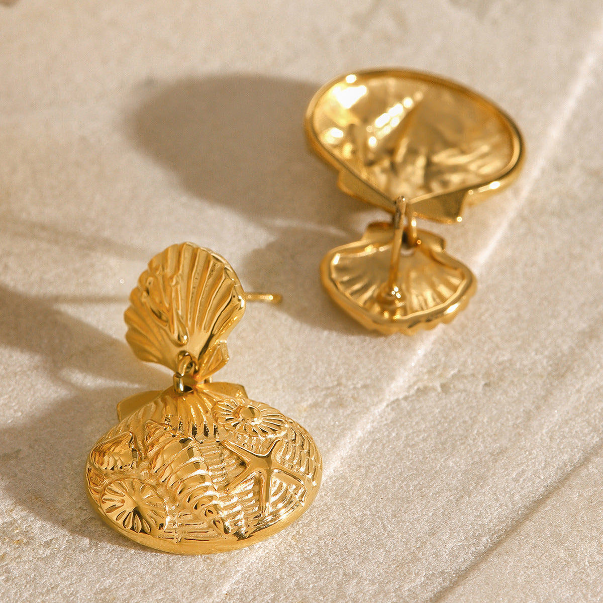 Stainless Steel 18K Gold PVD Ocean Pendant Shell Stud Earrings