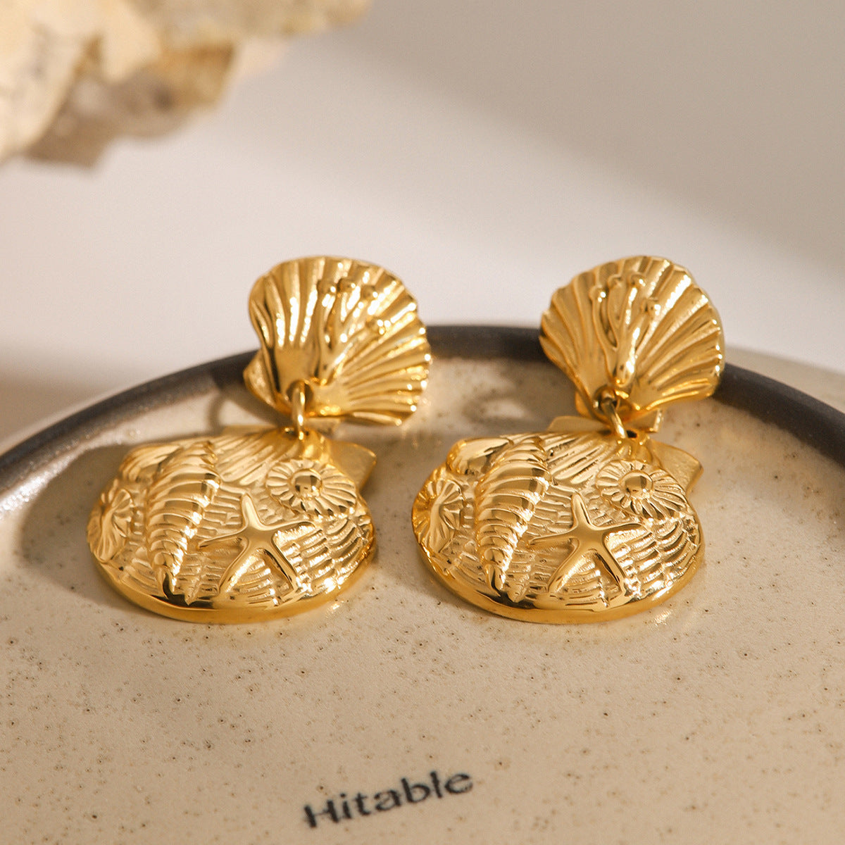 Stainless Steel 18K Gold PVD Ocean Pendant Shell Stud Earrings
