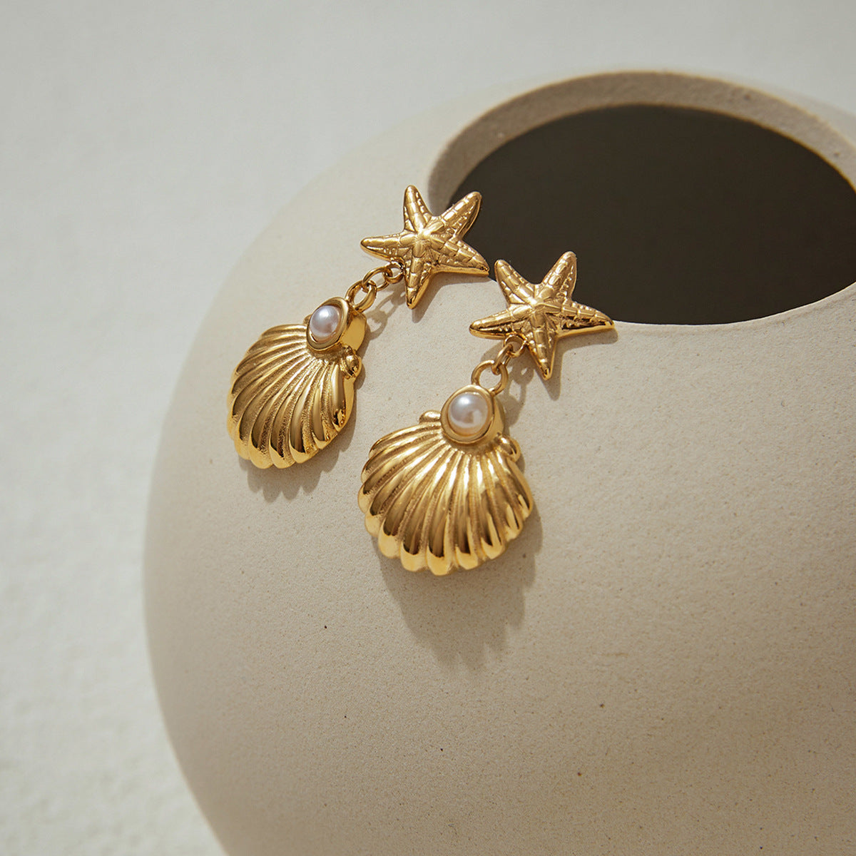 Stainless Steel Starfish Fake Pearl Stud Earrings