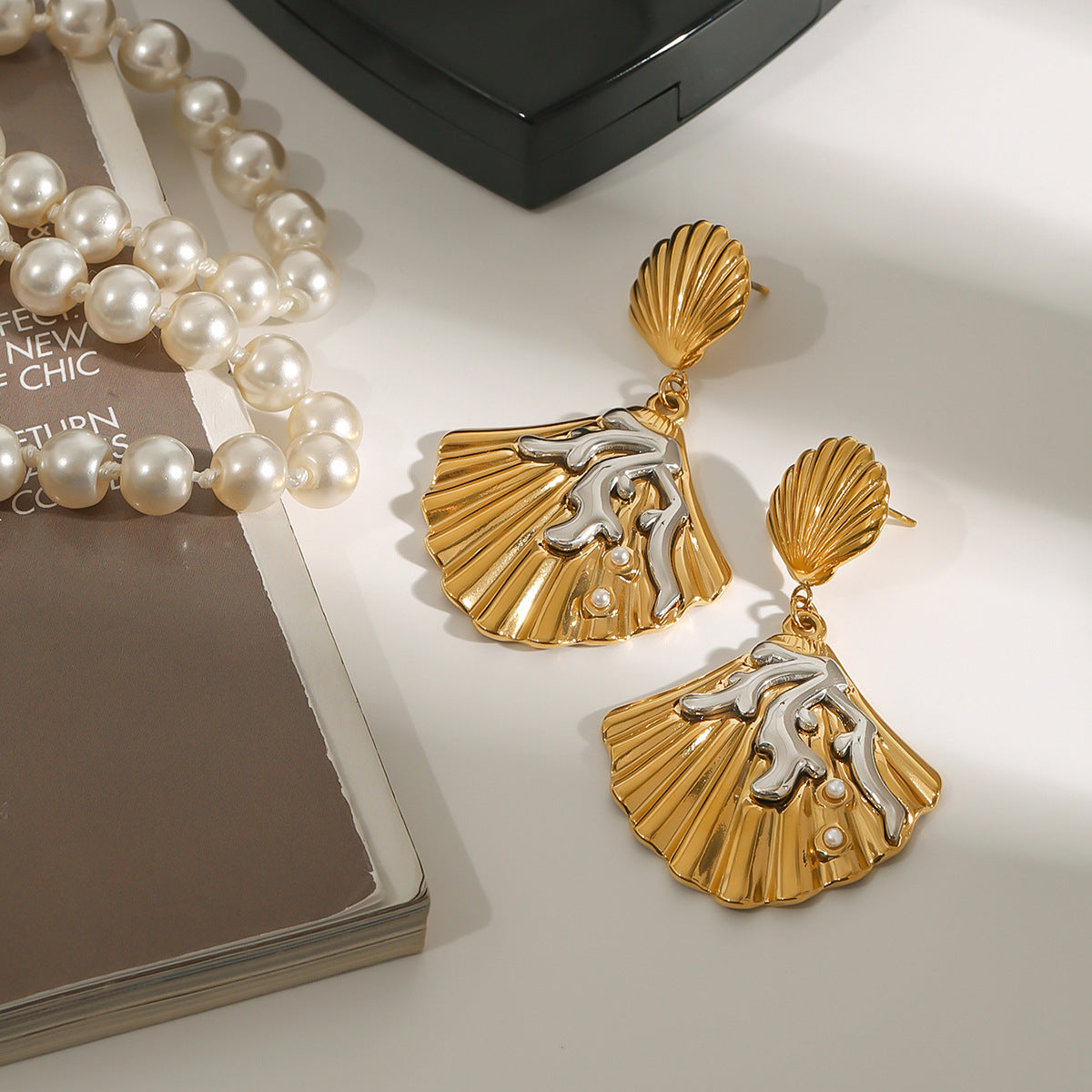 Stainless Steel Shell Coral Pearl Pendant Earrings