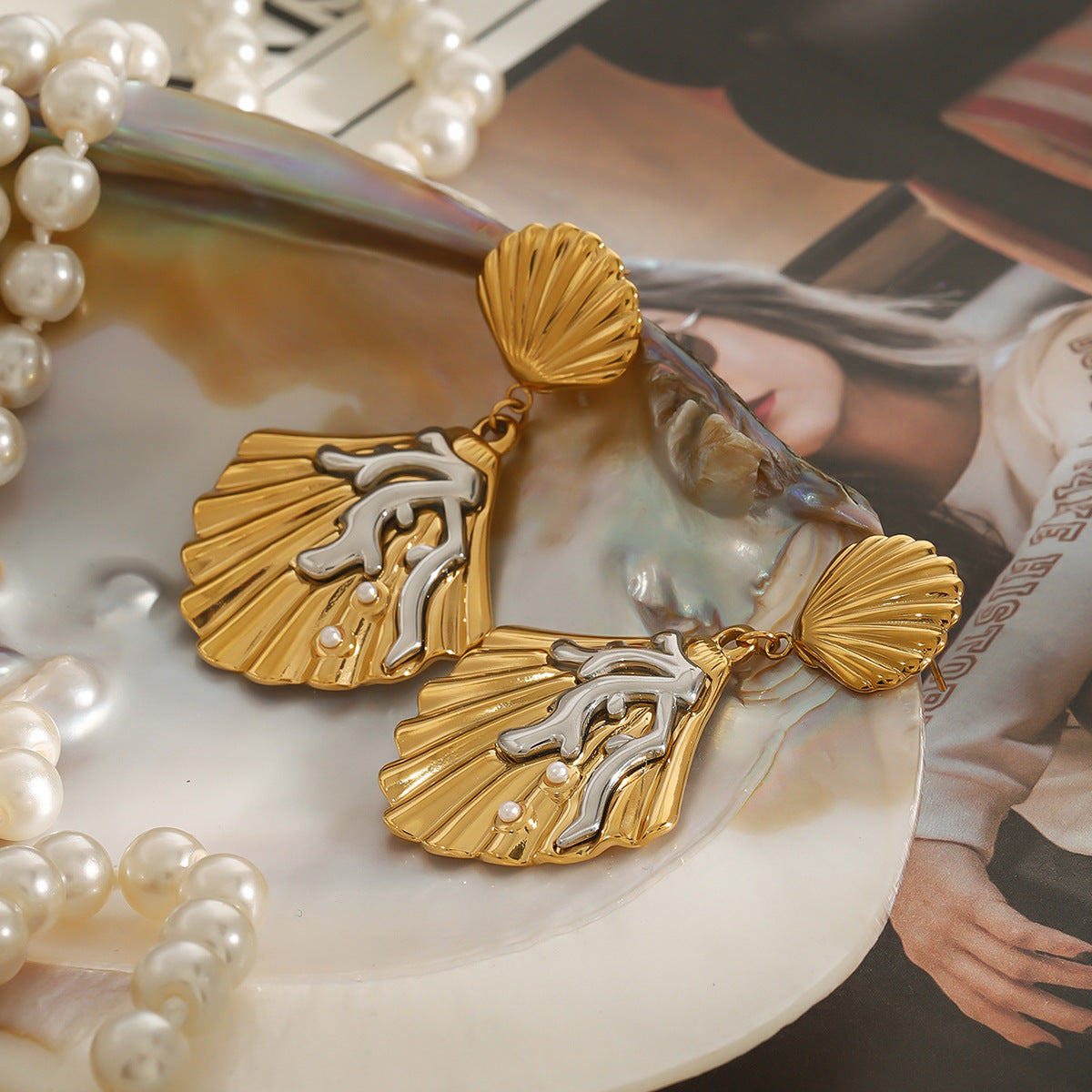 Stainless Steel Shell Coral Pearl Pendant Earrings