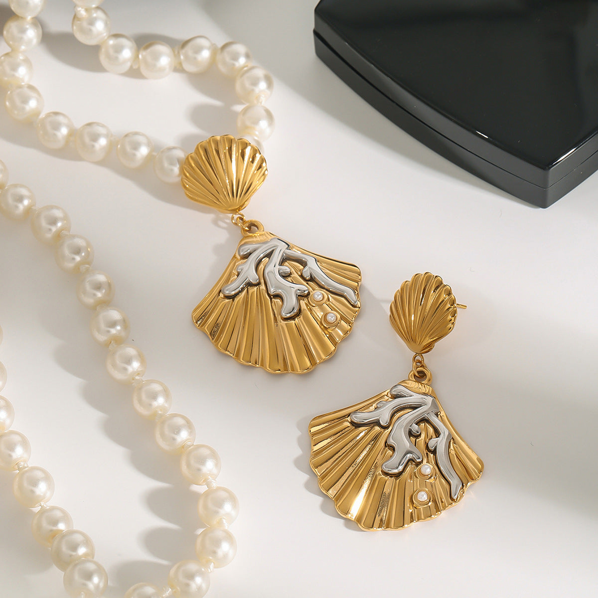 Stainless Steel Shell Coral Pearl Pendant Earrings