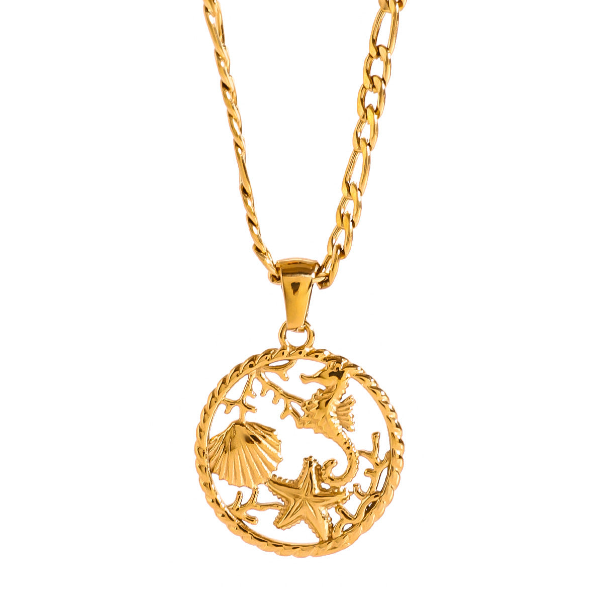 Stainless Steel Ocean Series Pendant Figaro Chain Necklace