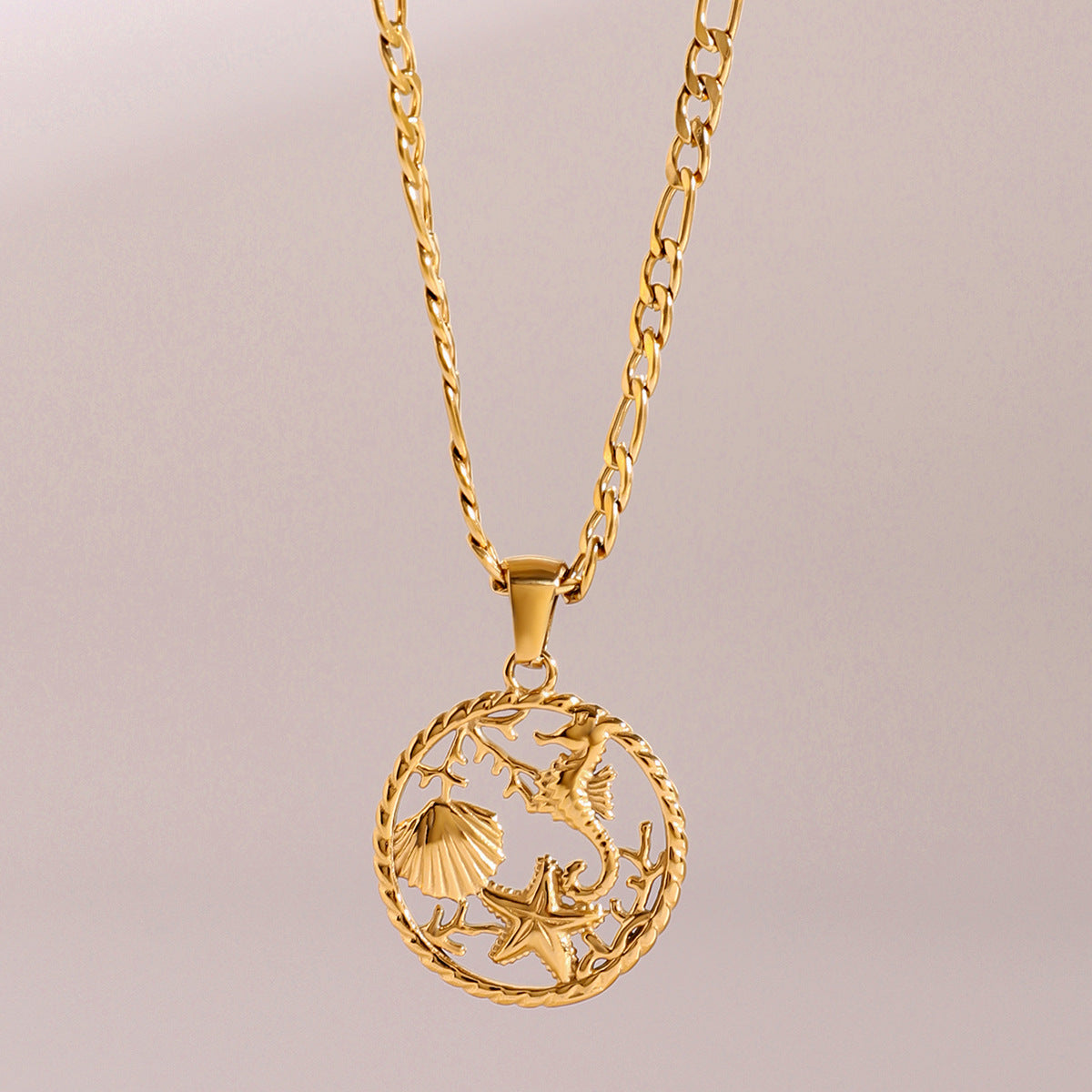 Stainless Steel Ocean Series Pendant Figaro Chain Necklace