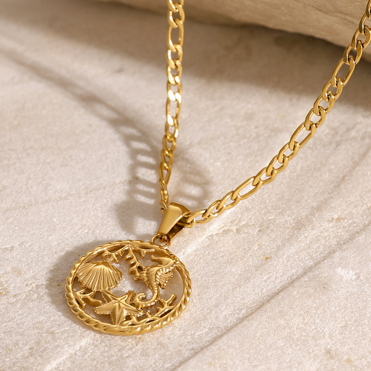 Stainless Steel Ocean Series Pendant Figaro Chain Necklace