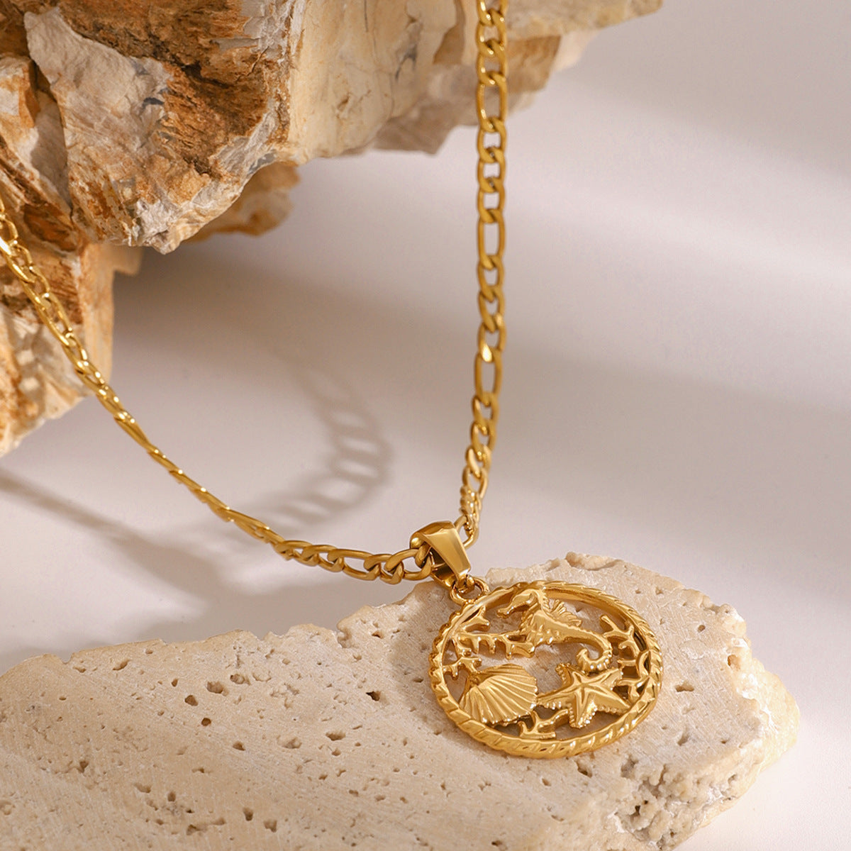 Stainless Steel Ocean Series Pendant Figaro Chain Necklace