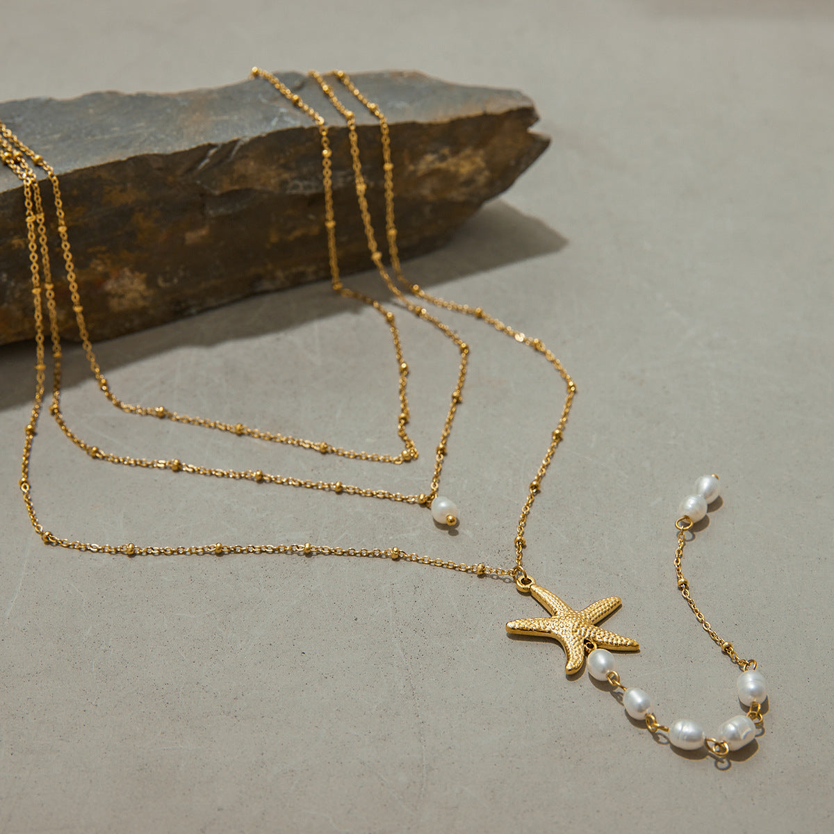 Stainless Steel Starfish Pearl Pendant Layered Necklace