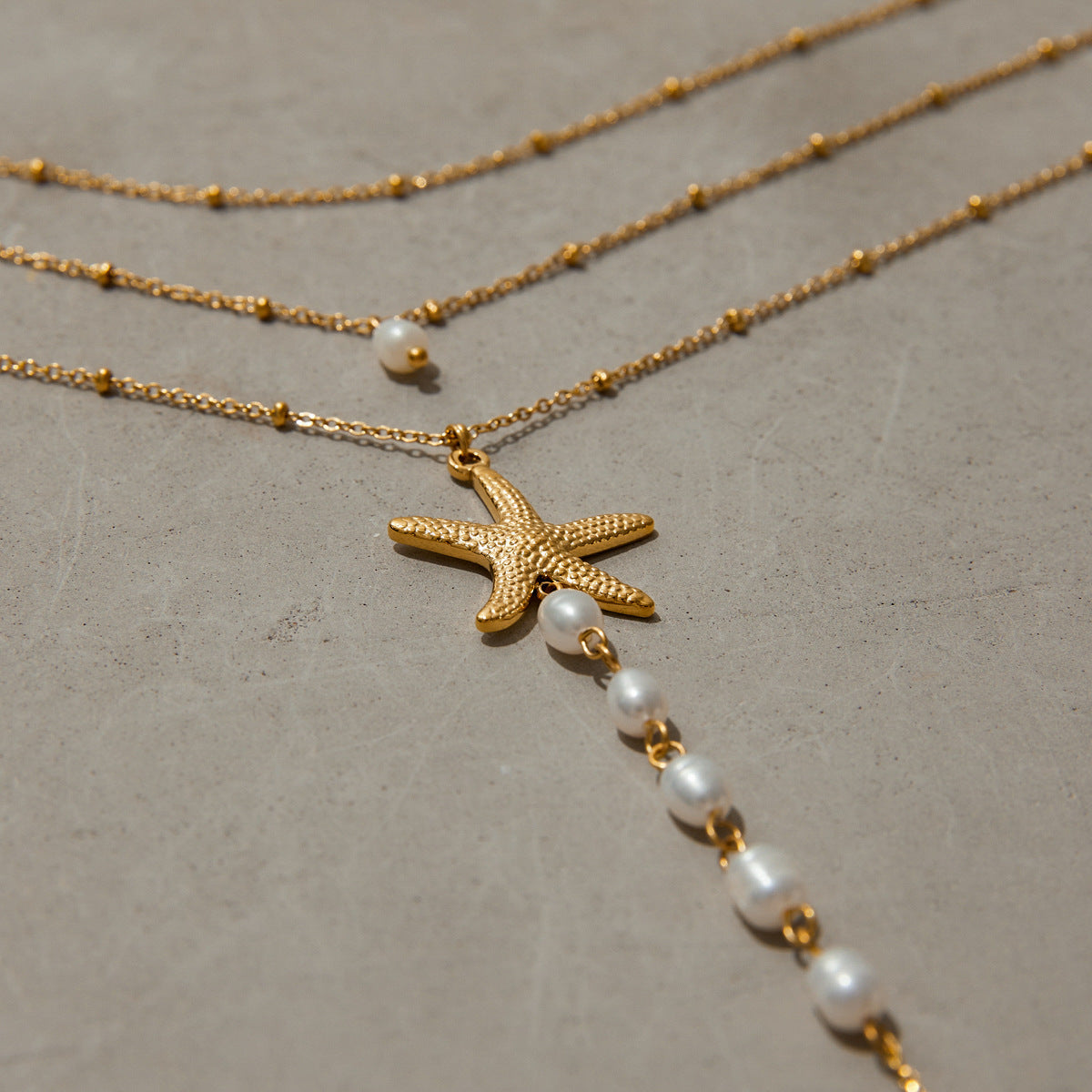 Stainless Steel Starfish Pearl Pendant Layered Necklace