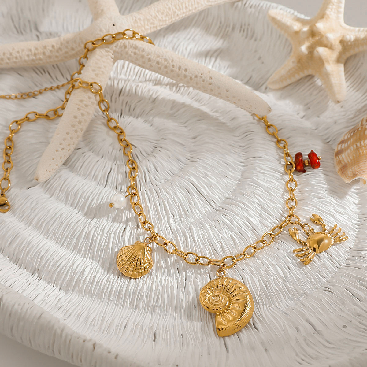 Stainless Steel Ocean Wind Conch Pendant Cable Chain Necklace