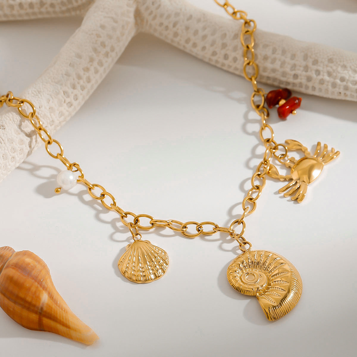 Stainless Steel Ocean Wind Conch Pendant Cable Chain Necklace