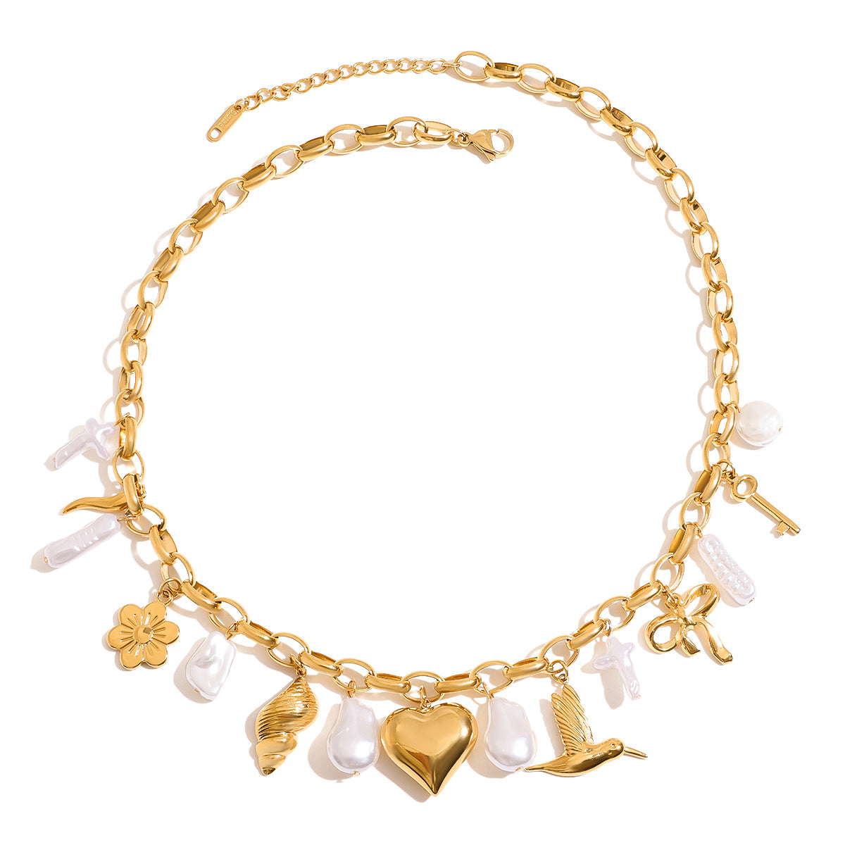 Stainless Steel Heart Pearl Pendant Cable Chain Necklace