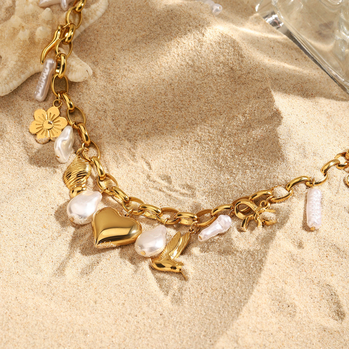 Stainless Steel Heart Pearl Pendant Cable Chain Necklace
