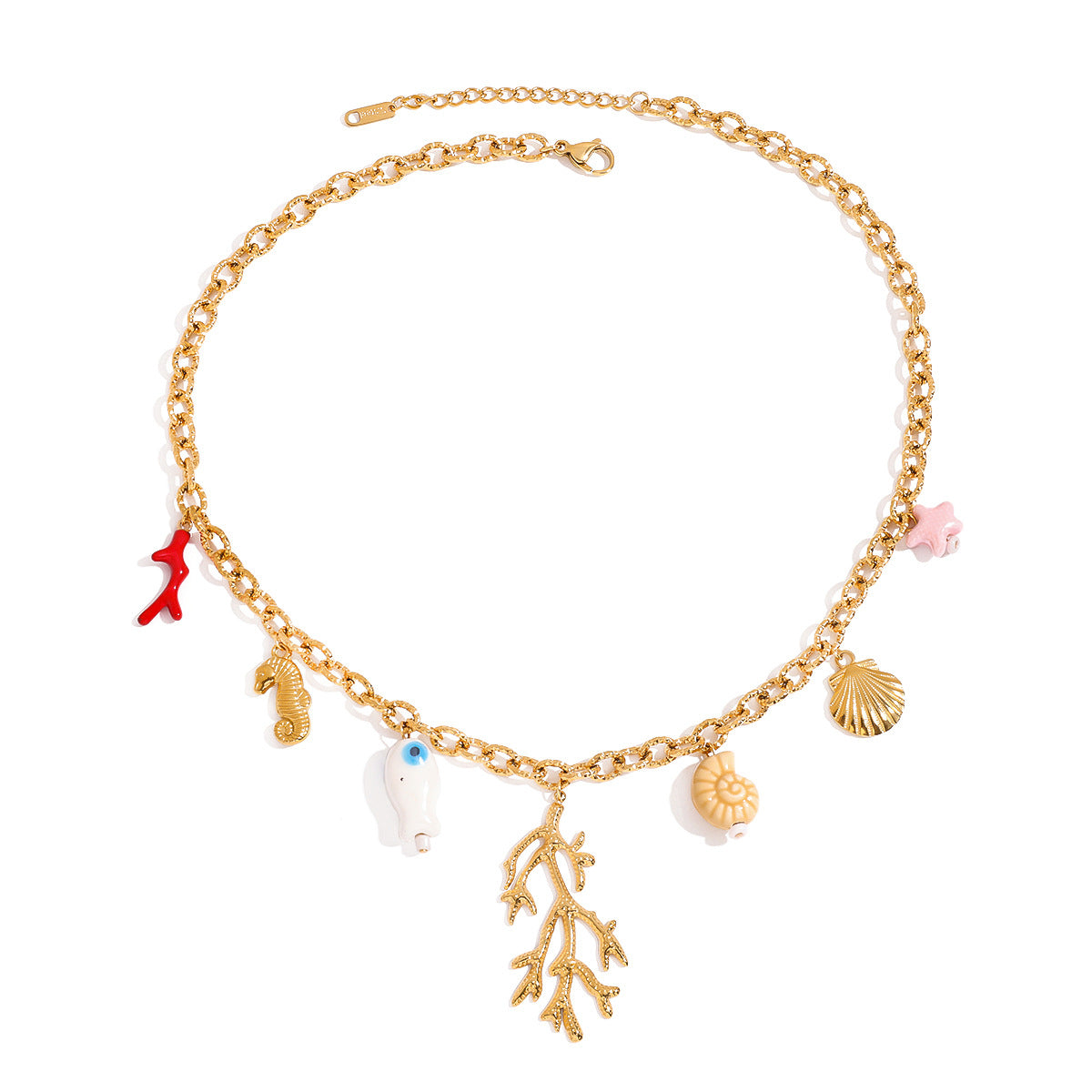 Stainless Steel Vacation Style Coral Pendant Cable Chain Necklace