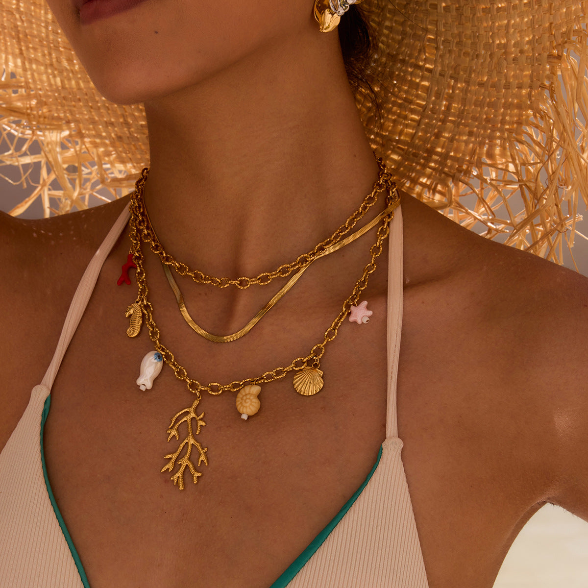 Stainless Steel Vacation Style Coral Pendant Cable Chain Necklace