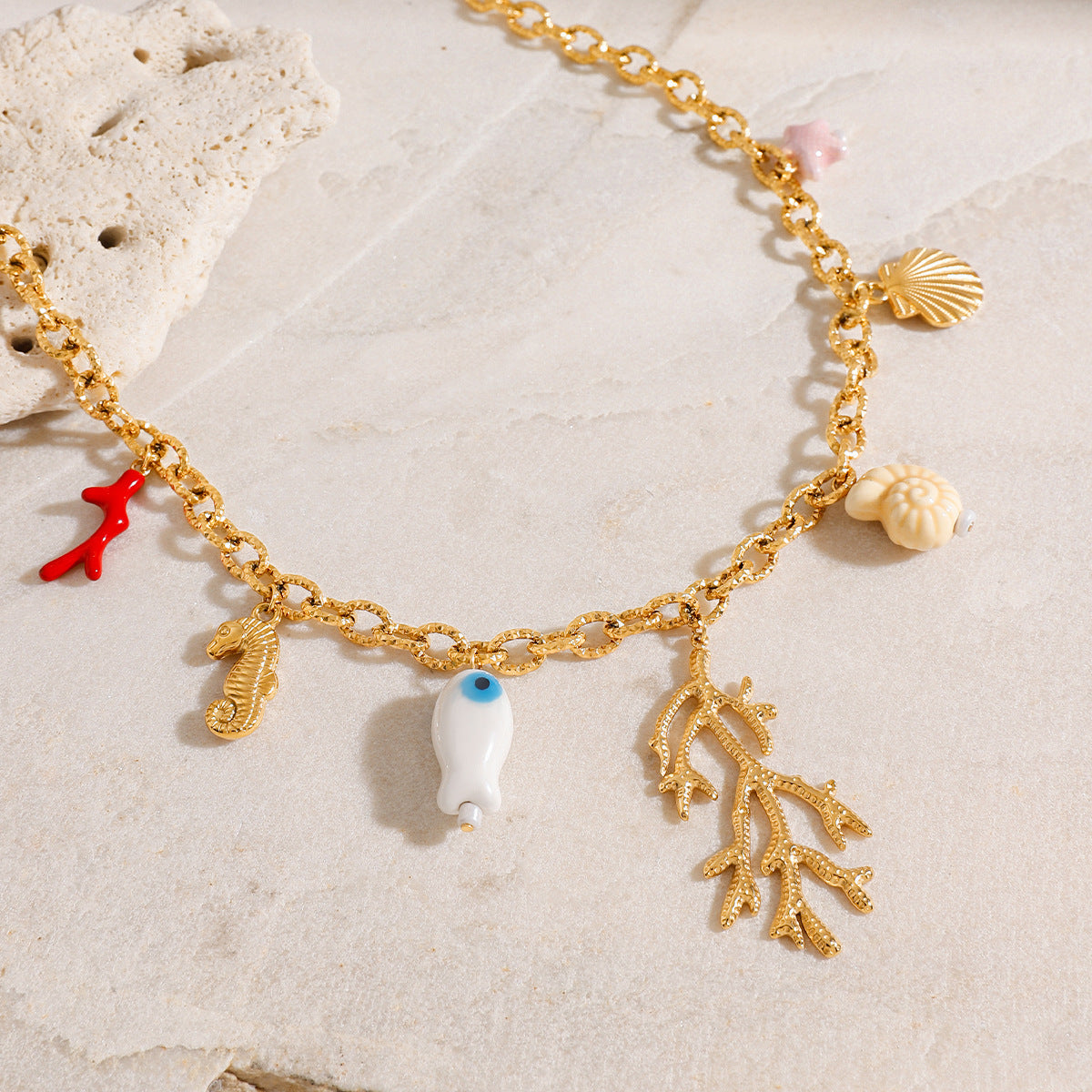 Stainless Steel Vacation Style Coral Pendant Cable Chain Necklace