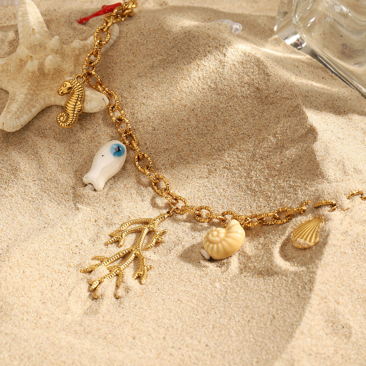 Stainless Steel Vacation Style Coral Pendant Cable Chain Necklace