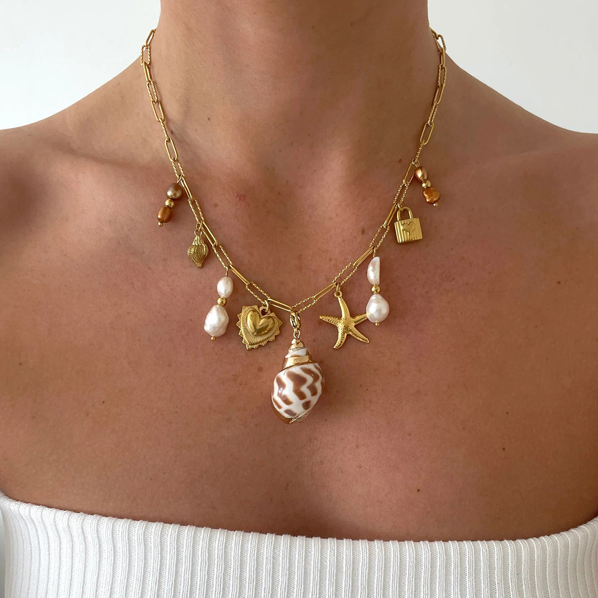 Stainless Steel Heart Pearl Pendant Paperclip Chain Necklace