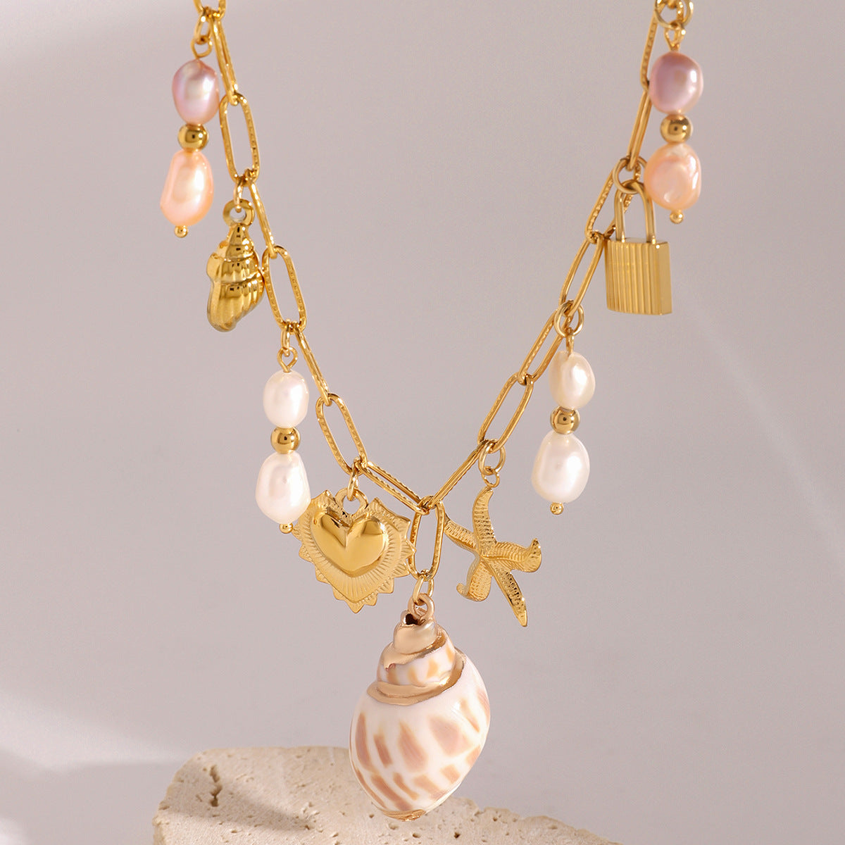 Stainless Steel Heart Pearl Pendant Paperclip Chain Necklace