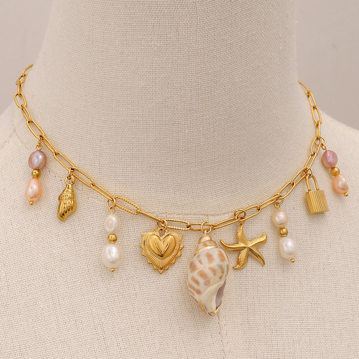 Stainless Steel Heart Pearl Pendant Paperclip Chain Necklace