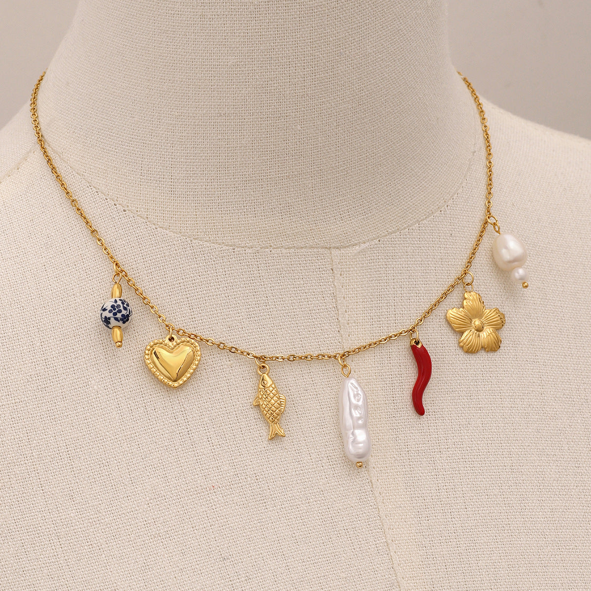 Stainless Steel Pearl Heart Flower Pendant Cable Chain Necklace