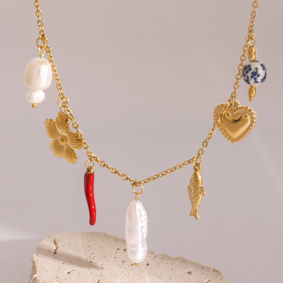 Stainless Steel Pearl Heart Flower Pendant Cable Chain Necklace