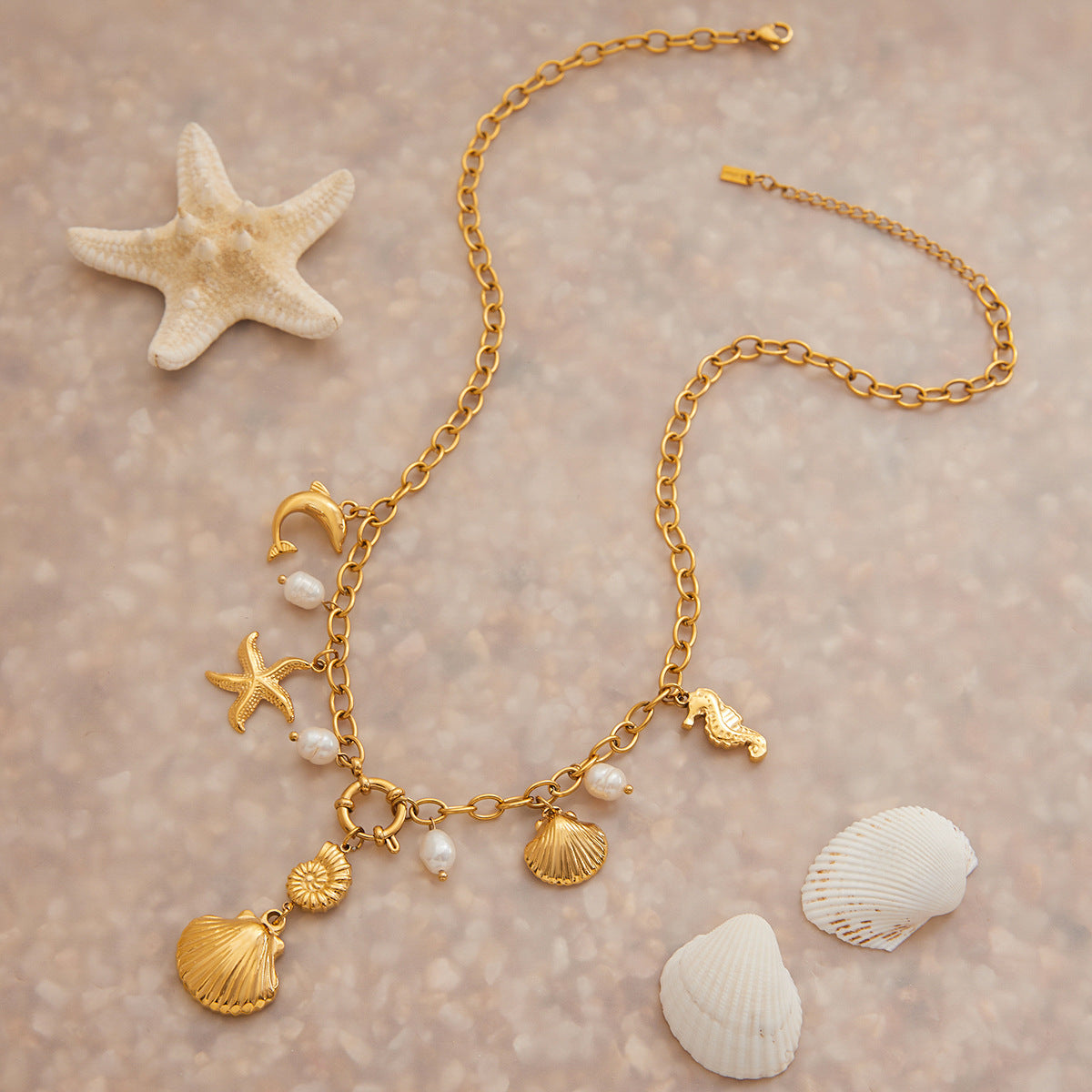 Stainless Steel Pearl Shell Pendant Cable Chain Necklace
