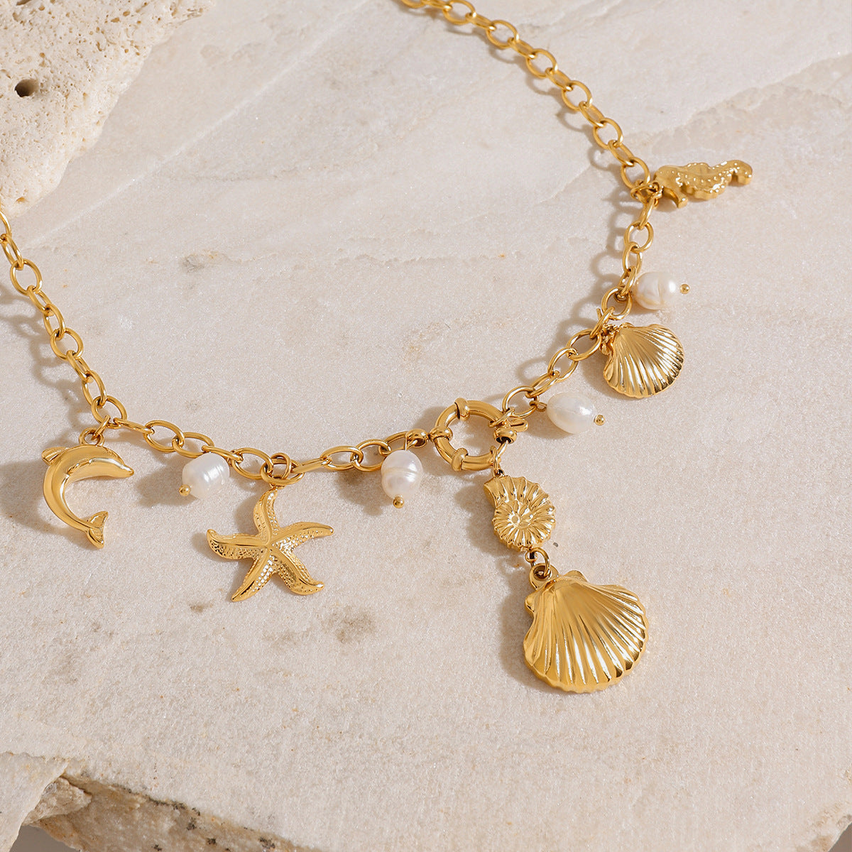 Stainless Steel Pearl Shell Pendant Cable Chain Necklace