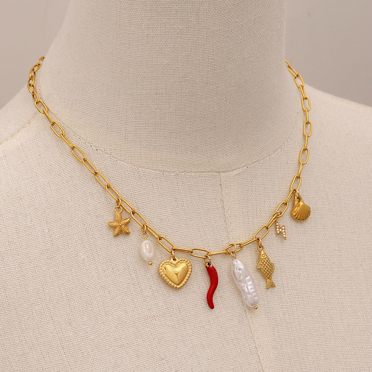 Stainless Steel Pearl Starfish Heart Pendant Paperclip Chain Necklace