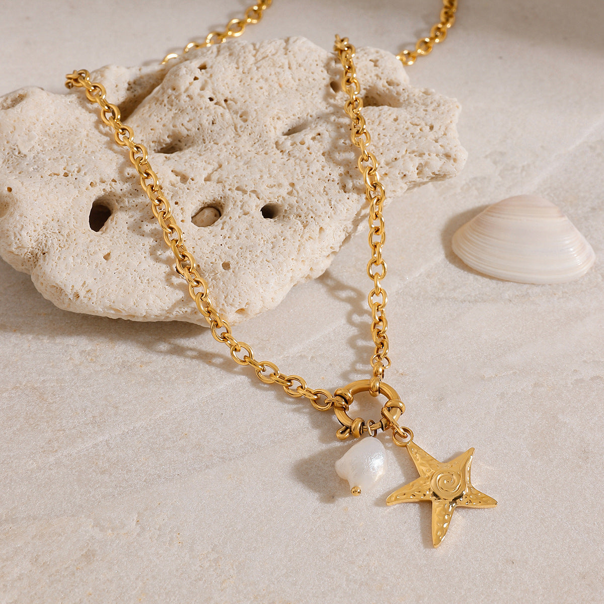 Stainless Steel Starfish Pearl Pendant Cable Chain Necklace