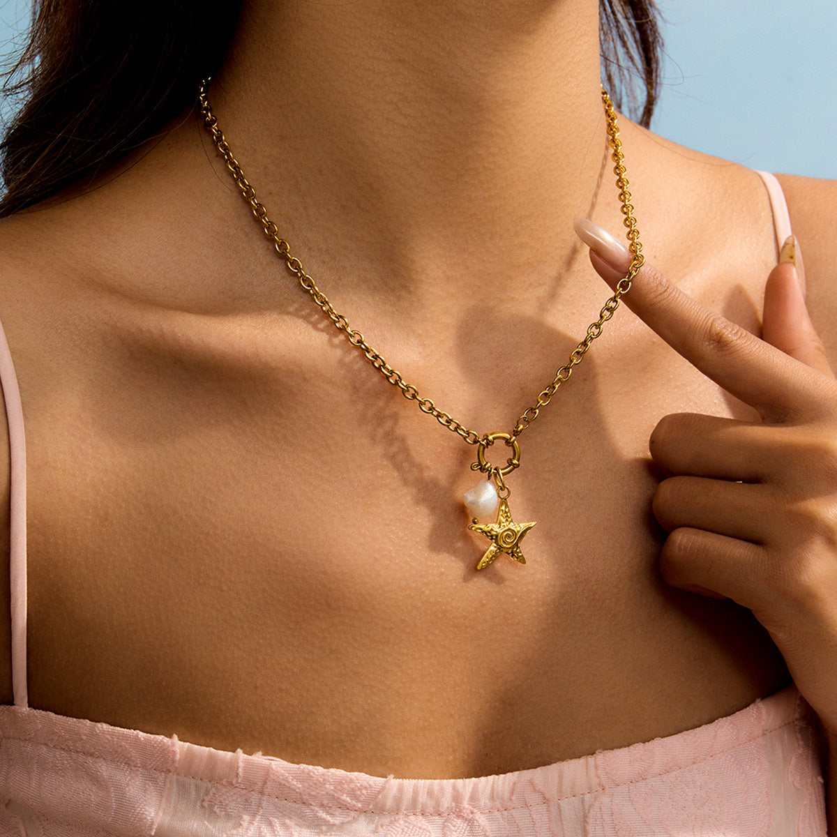 Stainless Steel Starfish Pearl Pendant Cable Chain Necklace