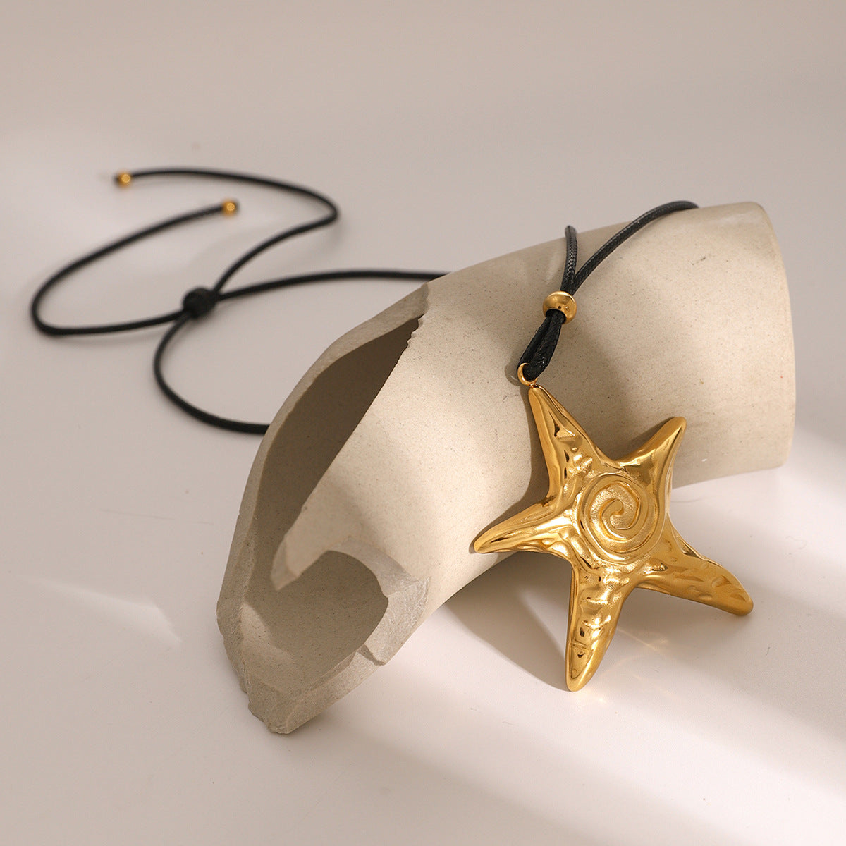 Stainless Steel Starfish Pendant Black Wax Rope Necklace