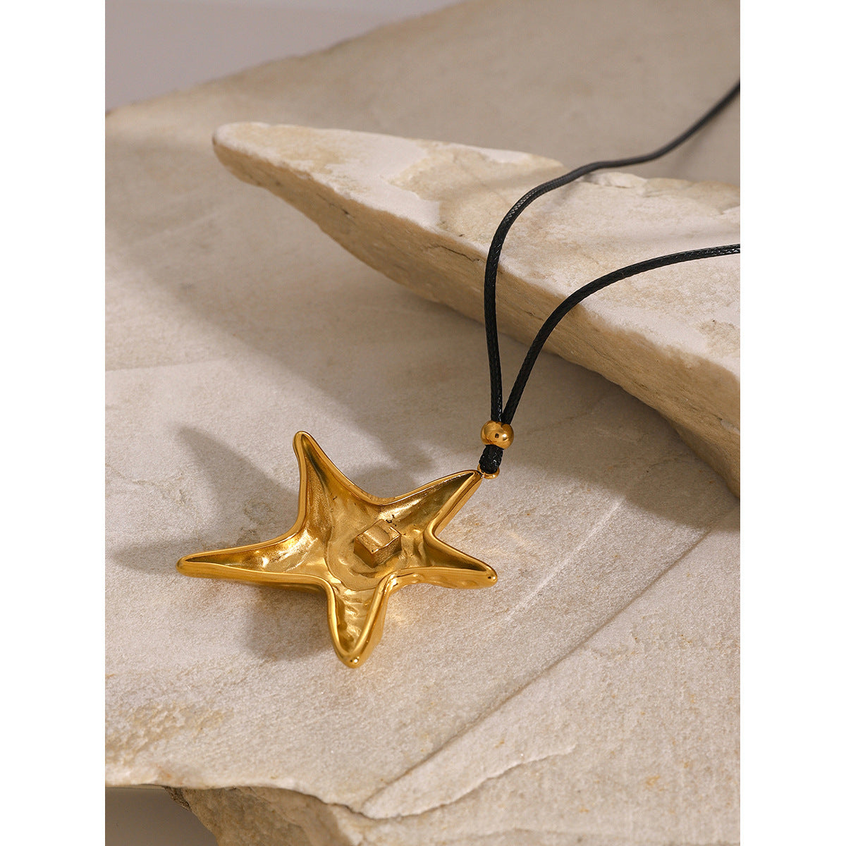 Stainless Steel Starfish Pendant Black Wax Rope Necklace