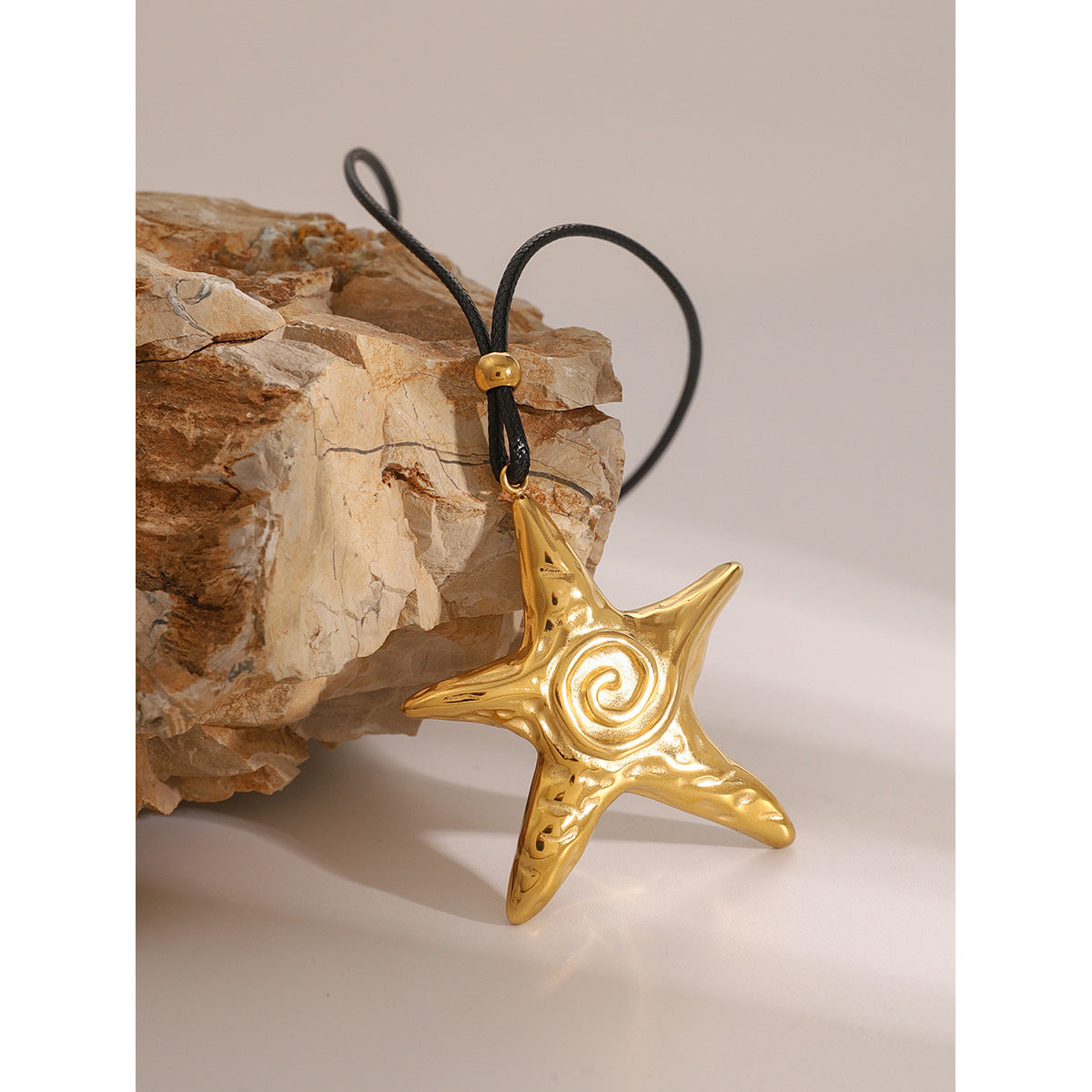 Stainless Steel Starfish Pendant Black Wax Rope Necklace