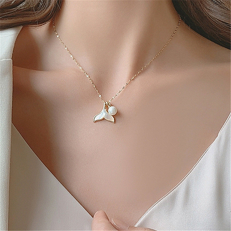 Stainless Steel 14K Gold PVD Shell Mermaid Pearl Pendant Necklace