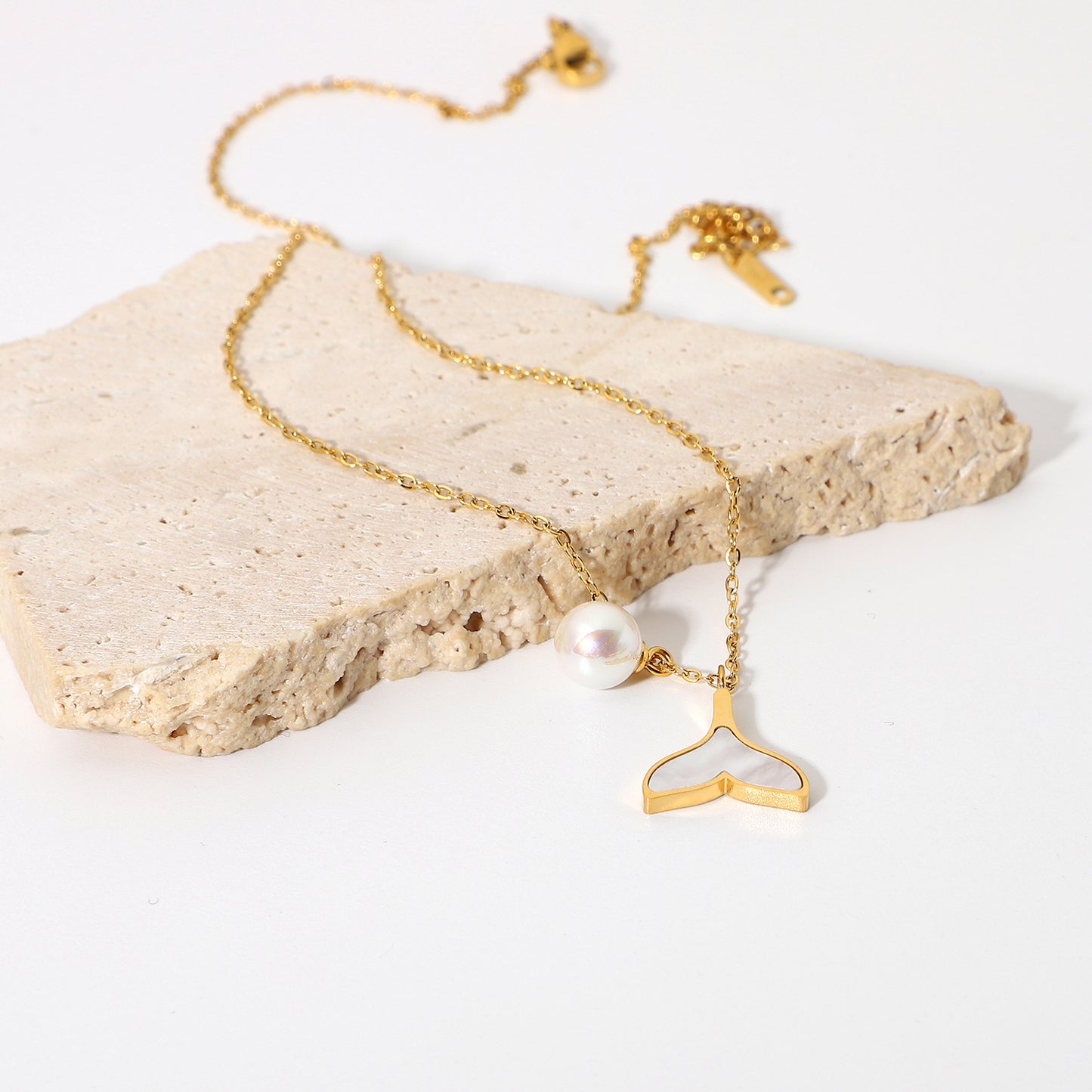 Stainless Steel 14K Gold PVD Shell Mermaid Pearl Pendant Necklace