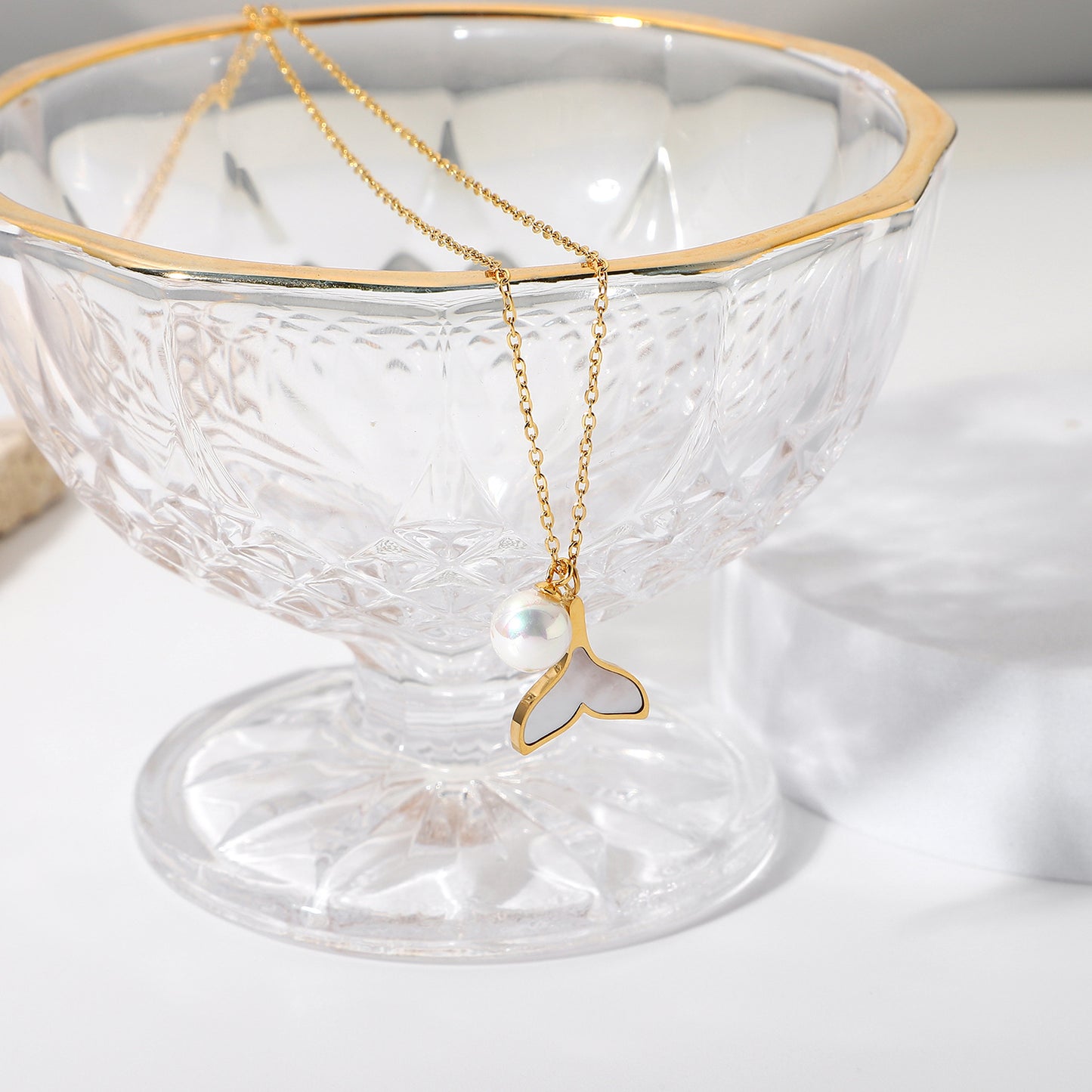 Stainless Steel 14K Gold PVD Shell Mermaid Pearl Pendant Necklace