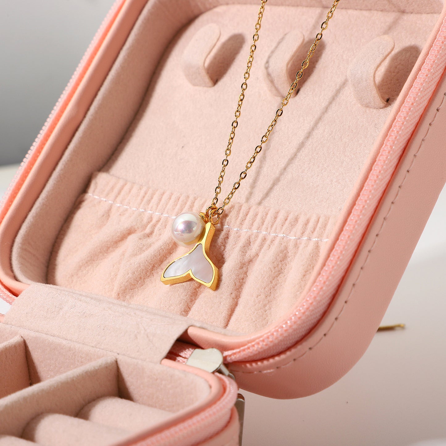 Stainless Steel 14K Gold PVD Shell Mermaid Pearl Pendant Necklace